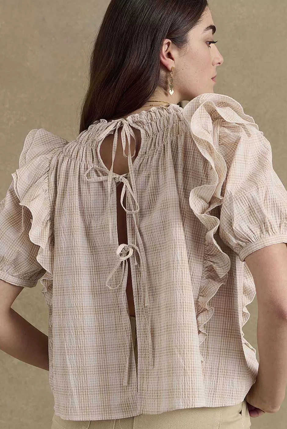 Balzac Blouse Amia Carreaux Beige Et Blanc^Femme Chemises Et Blouses